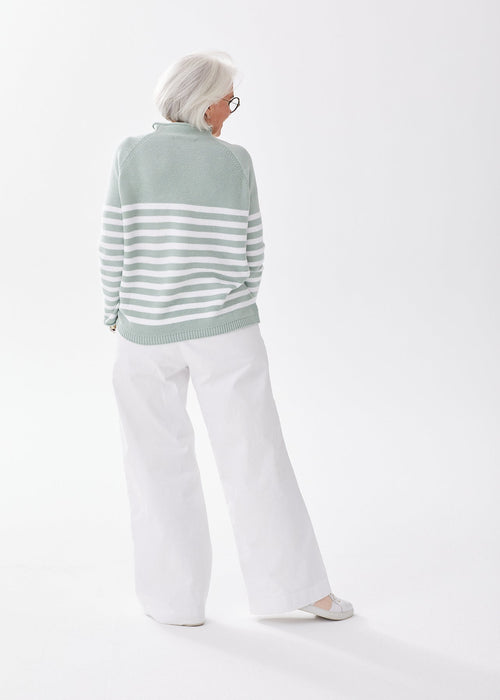 The Cotton Mock Neck - Sage Green and White Striped