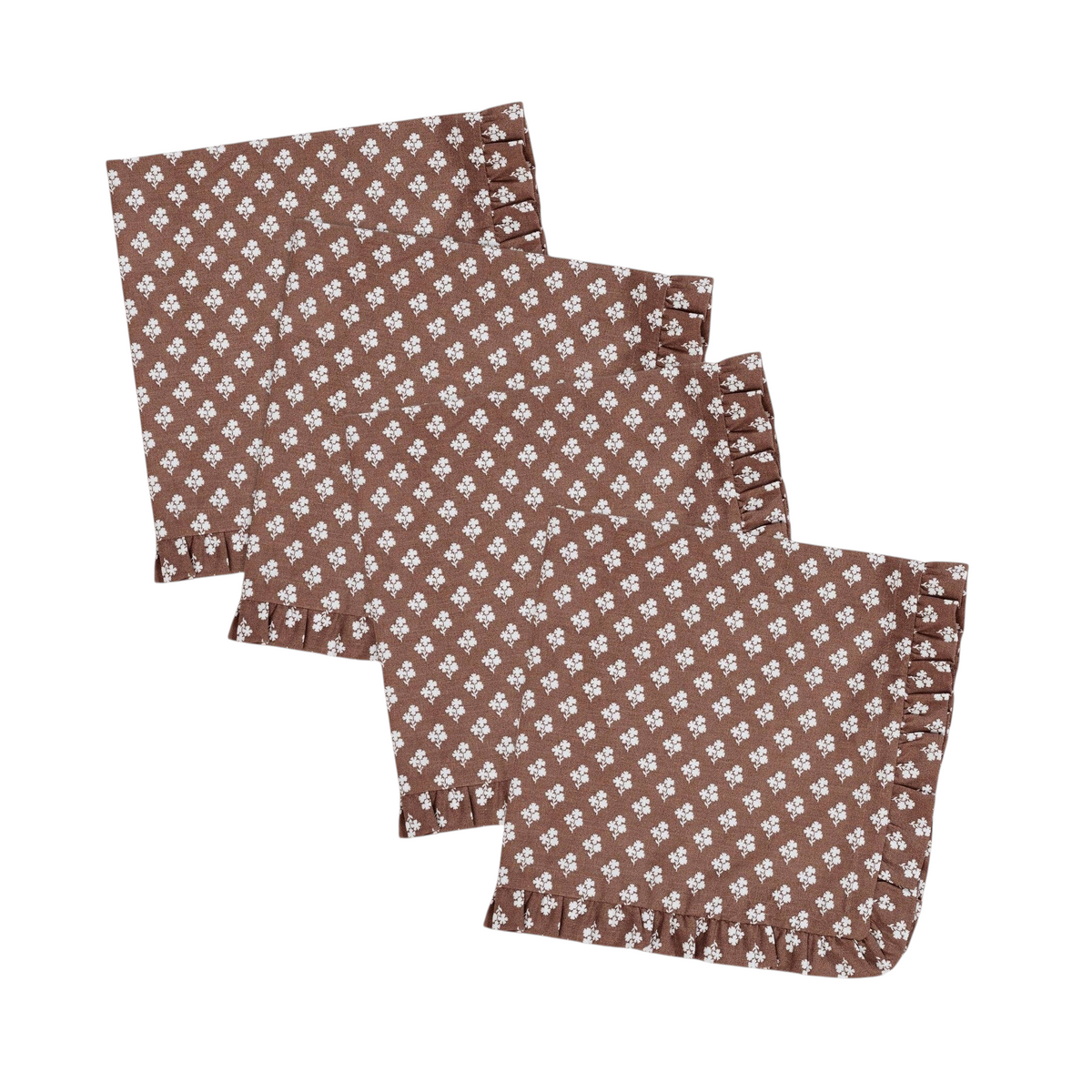 Homeport Constance organic cotton dinner napkins in brown with white floral print and ruffled edges, set of four.