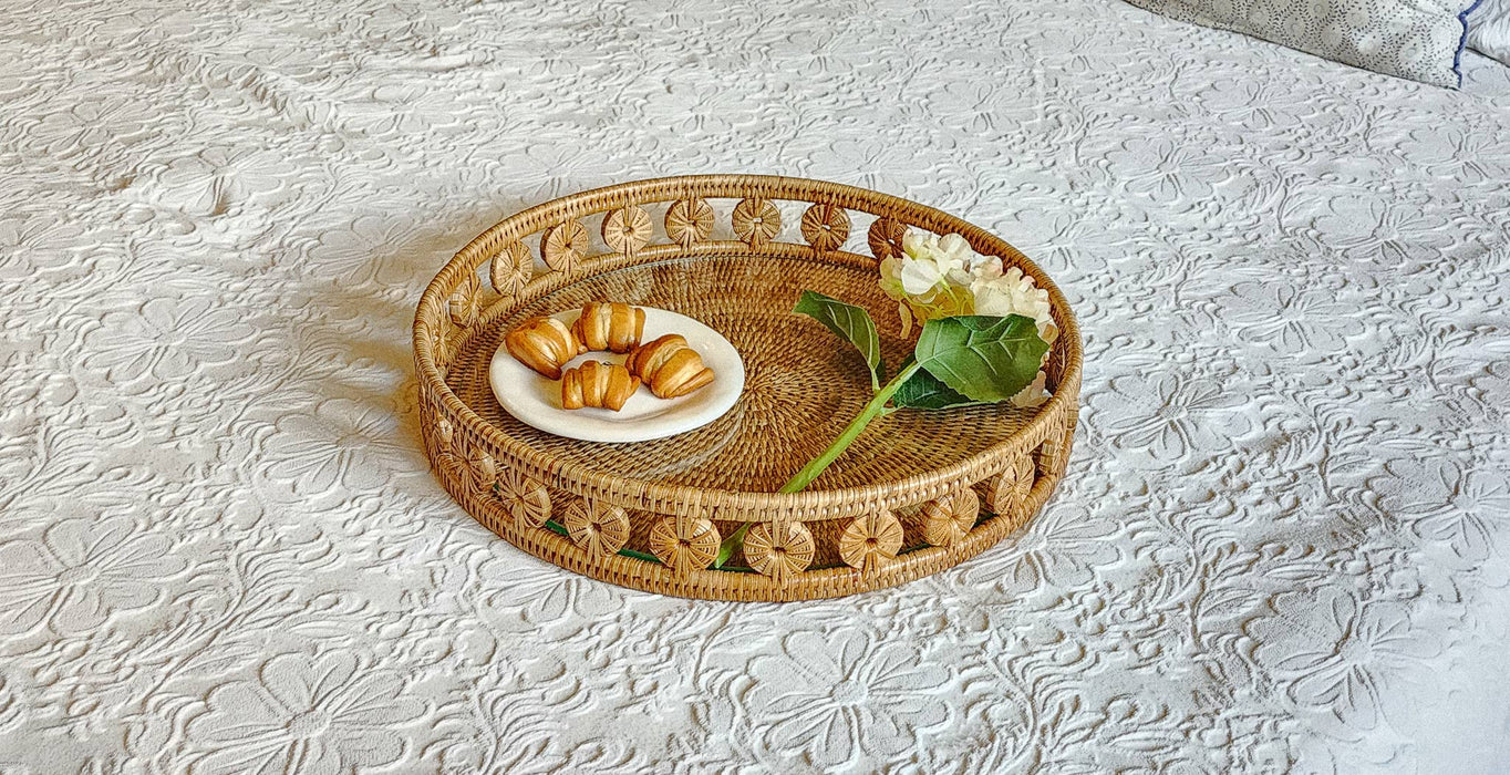 Honey Brown Round Tray with Glass Insert -  16"
