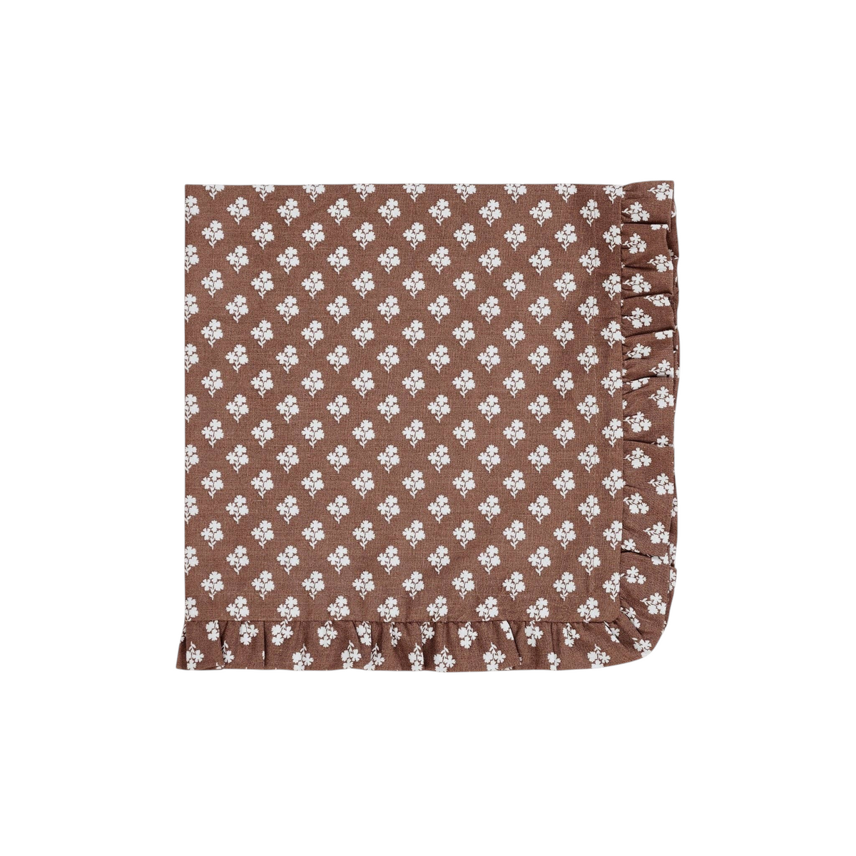 Homeport Constance organic cotton dinner napkin in brown and white floral print with a ruffled border