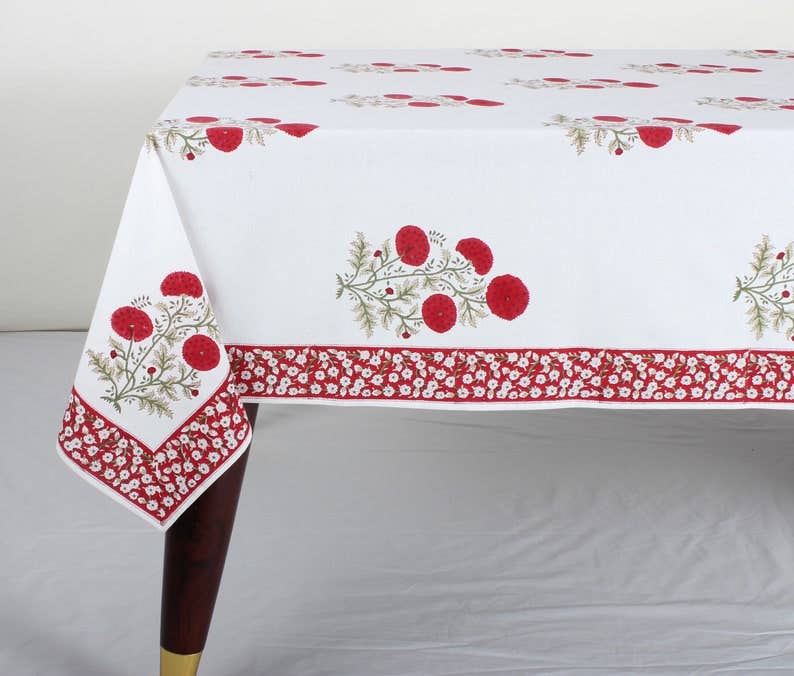 Fallen Red Floral Christmas Tablecloth - 70" x 118"