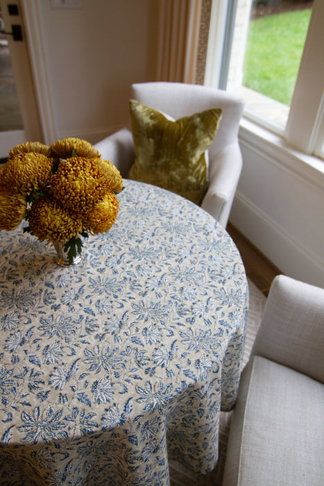 Woven Floral Tablecloth in Blue