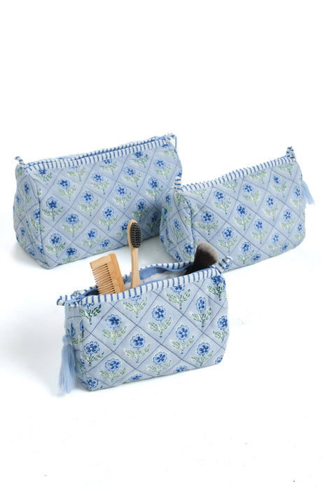 Mona Blockprint Makeup Bag in Blue - Set of 3