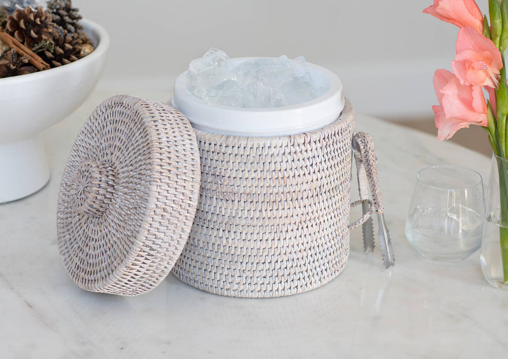 Rattan Ice Bucket with Tongs - White Wash