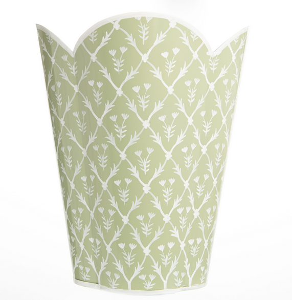 Pale Green with Floral Block Print Scalloped Edge Waste Basket