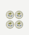 Four decorative plates with leaf patterns on a white background