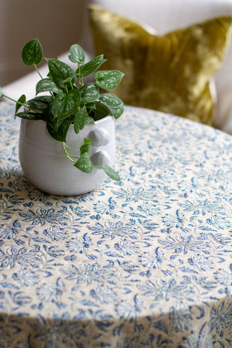 Woven Floral Tablecloth in Blue