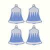 Four blue bell-shaped pot holders with white accents on a white background