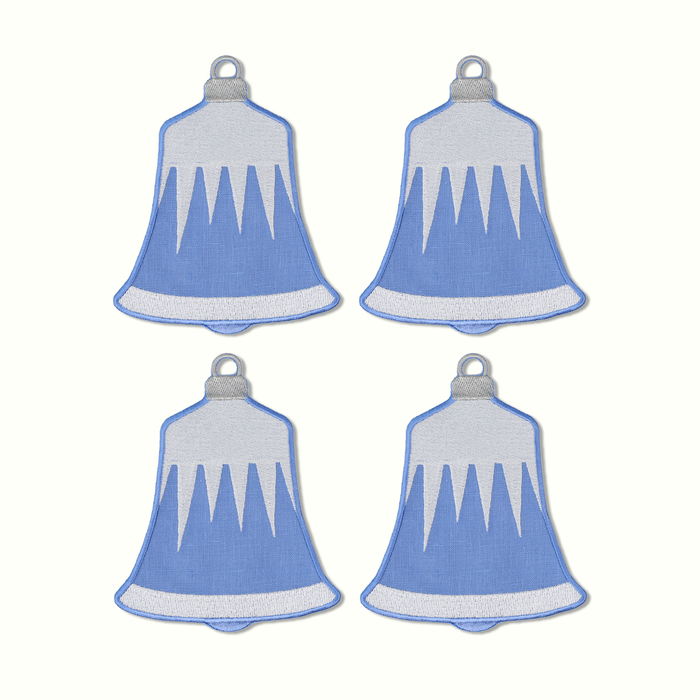 Four blue bell-shaped pot holders with white accents on a white background