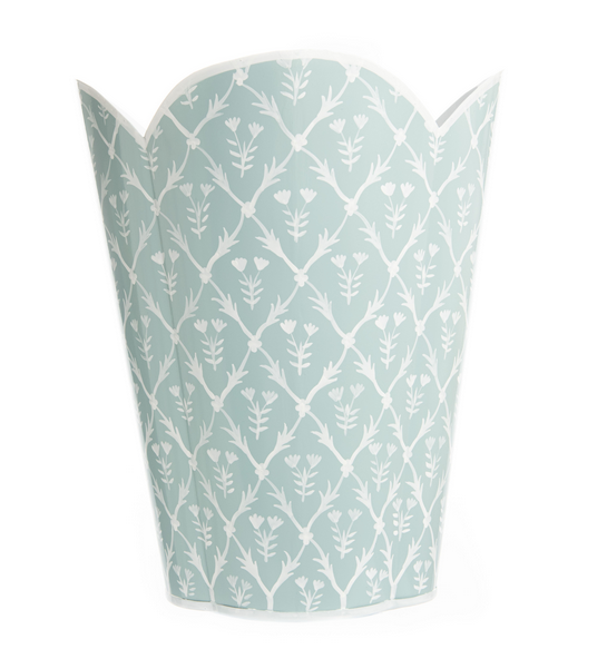 Pale Blue with Floral Block Print Scalloped Edge Waste Basket