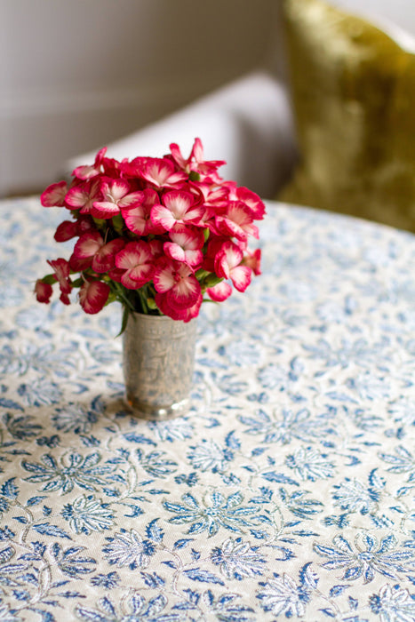 Woven Floral Tablecloth in Blue