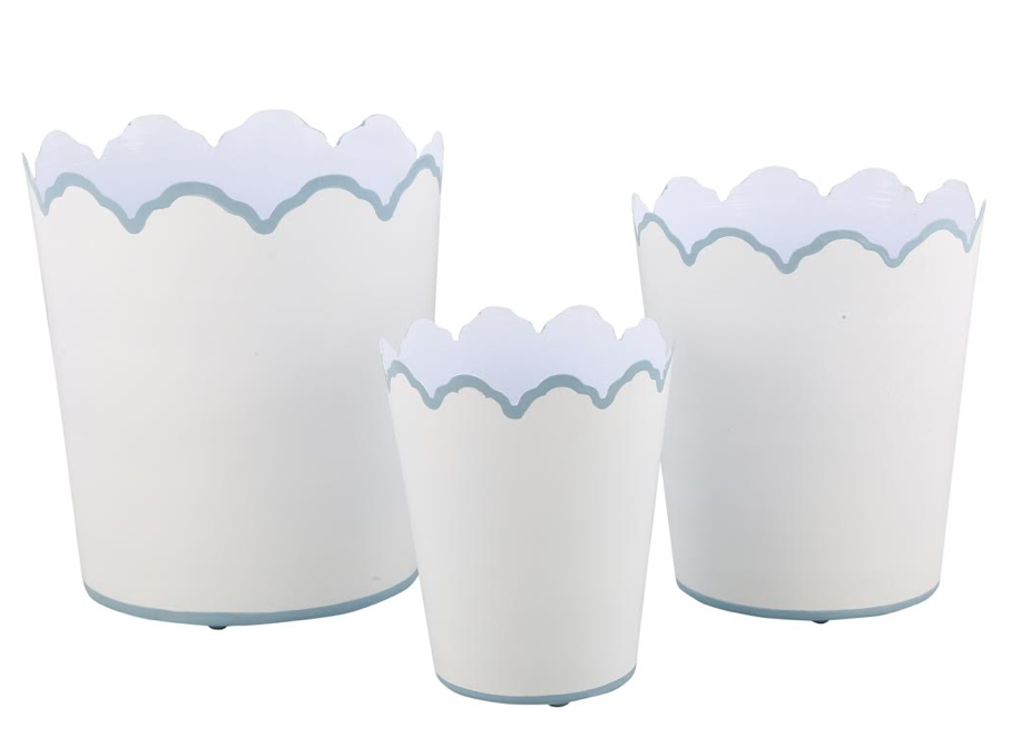 White & Pale Blue Scalloped Waste Paper Baskets