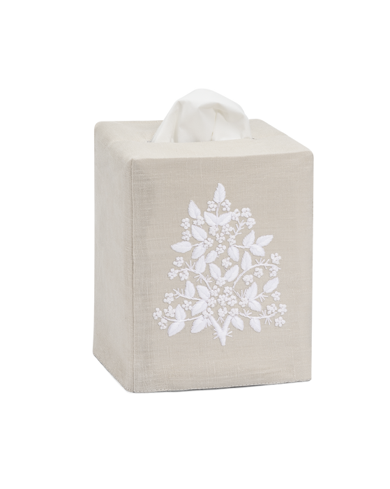 Jardin Linen Tissue Box Cover -  White on Taupe