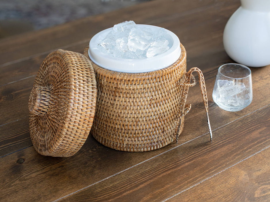 Rattan Ice Bucket with Tongs - Honey Brown