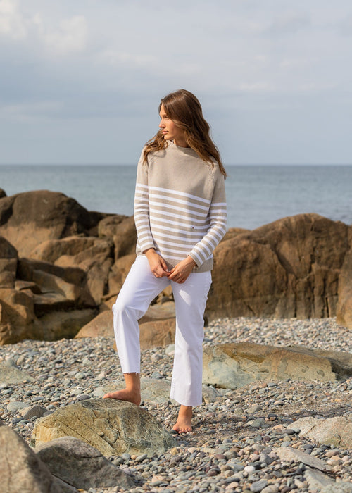 The Cotton Mock Neck - Oatmeal and White Striped