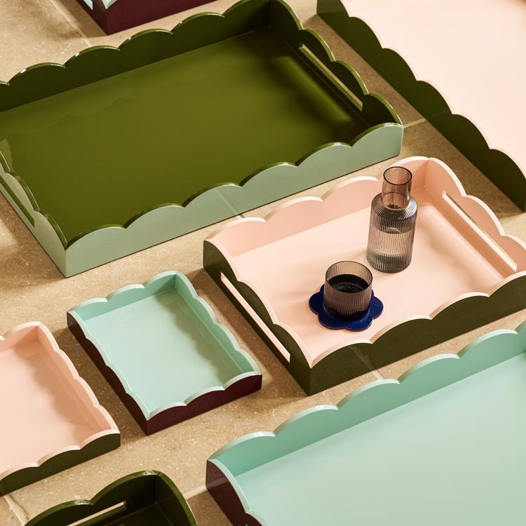 Eau De Nil &amp; Khaki Lacquered Scallop Small Two-Tone Tray