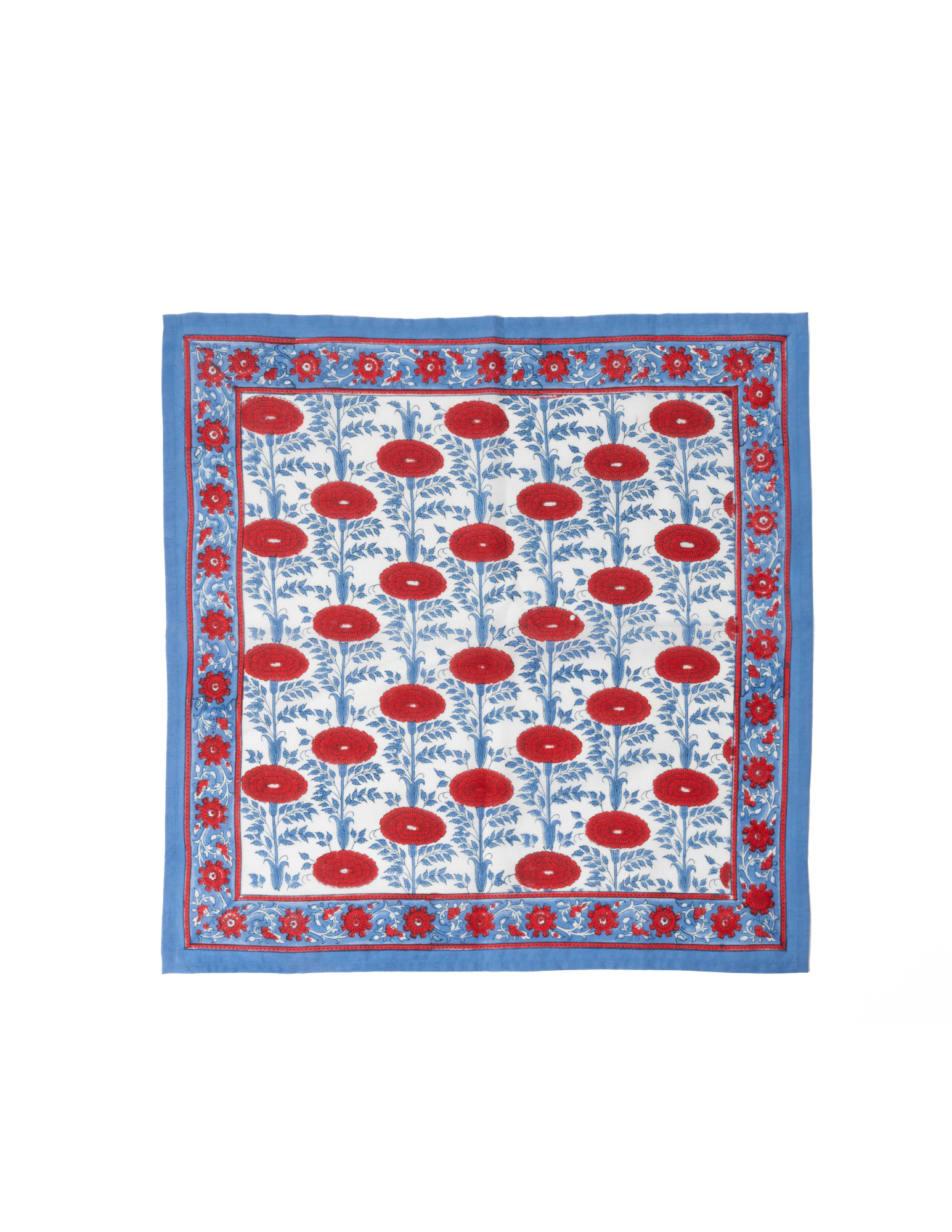 Unfolded Araminta print with red poppies and blue detail napkin on white background 