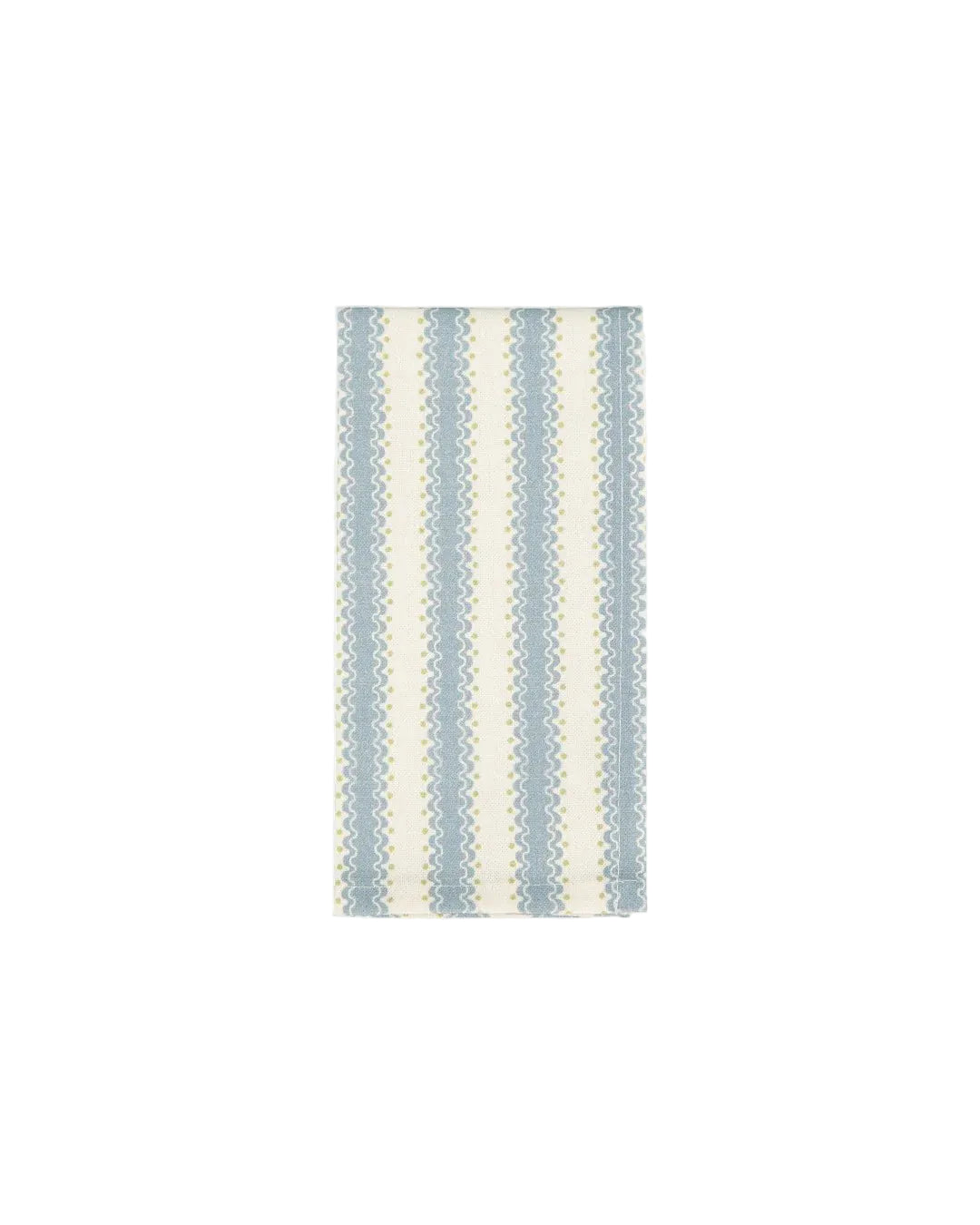 Rectangular rug with blue and white striped pattern on a light gray background