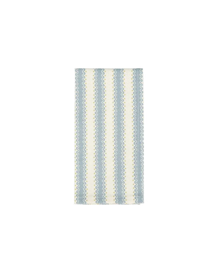 Rectangular rug with blue and white striped pattern on a light gray background