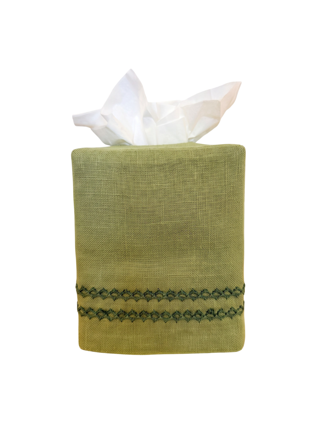 An olive green linen tissue box cover with a decorative dark green embroidered band near the bottom, holding white tissue paper, isolated on a white background.