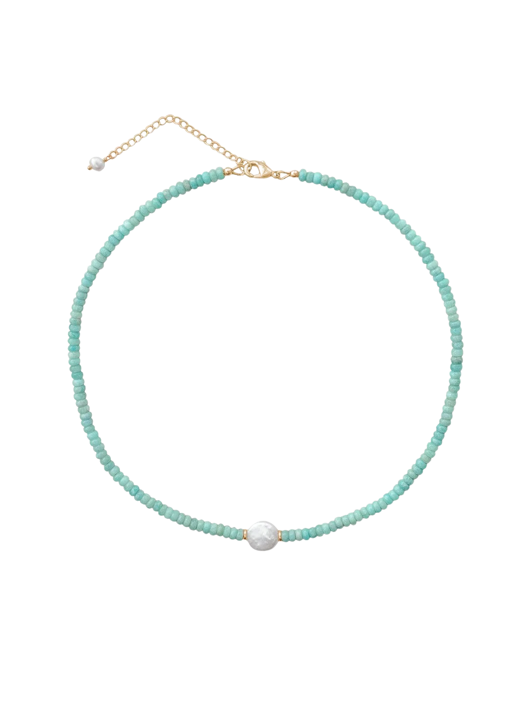 Seafoam green gem necklace with fresh water pearl and gold clasp with extender 