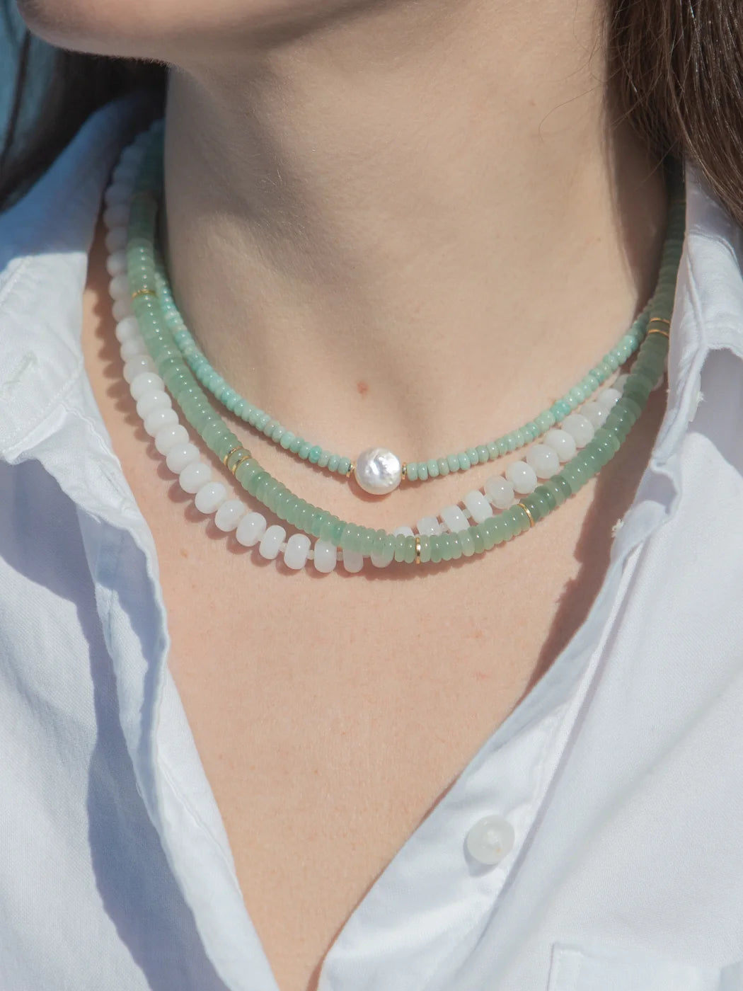 Necklace with seafoam gems and fresh water pearl 