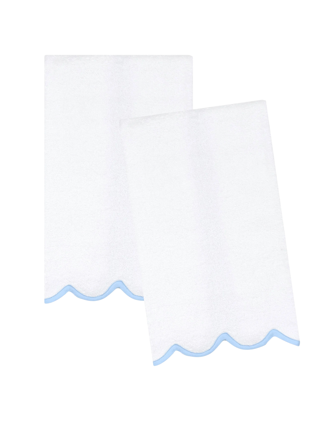 Two white rectangular towels with light blue scalloped edges, arranged overlapping on a plain white background.