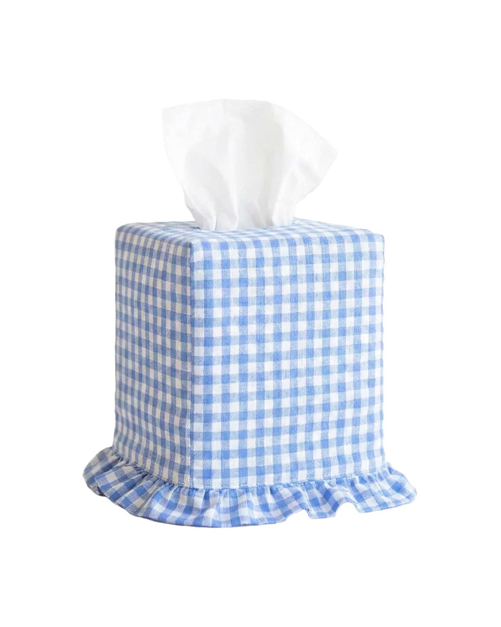 Blue and white checkered tissue box cover with ruffled edge on a white background