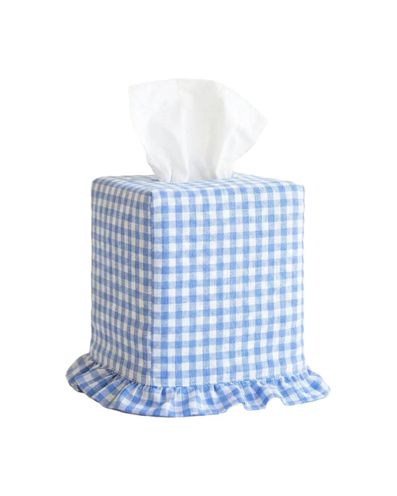 Blue and white checkered tissue box cover with ruffled edge on a white background