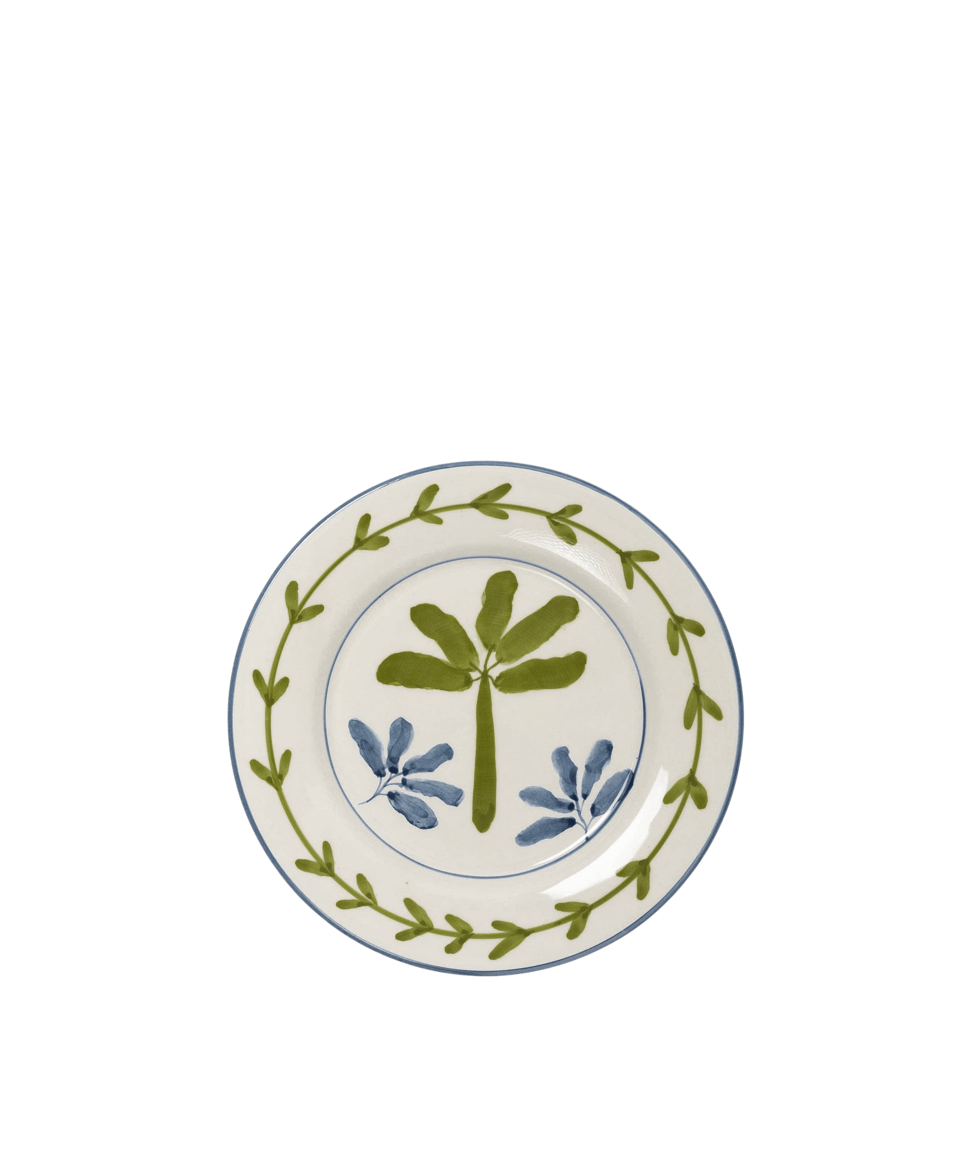 Decorative plate with green leaf design on a white background