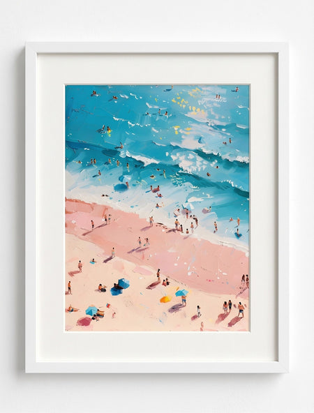 Framed artwork of a beach scene with people and umbrellas.