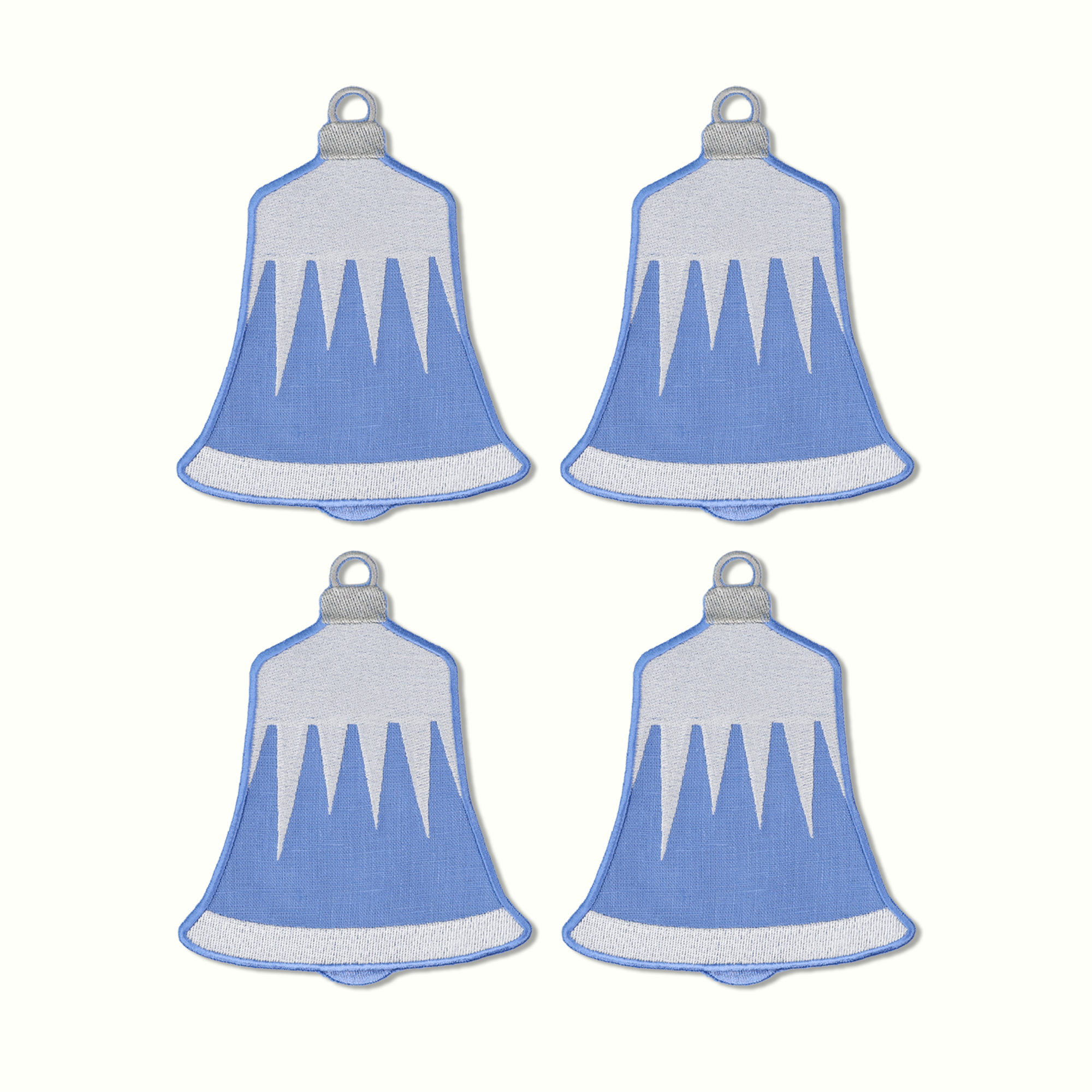 Four blue bell-shaped cocktail napkins with white accents on a white background