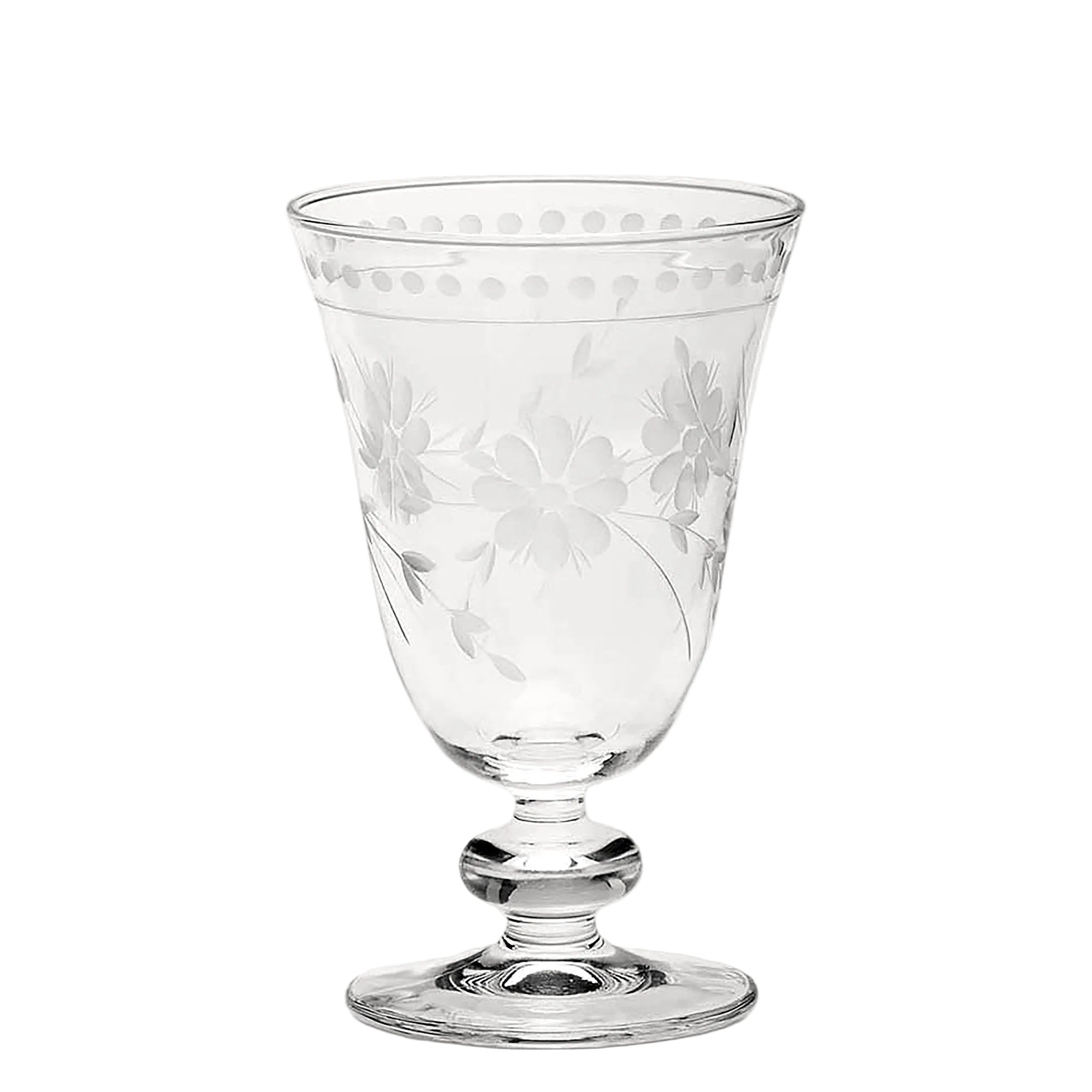 A clear crystal goblet with an etched floral pattern.