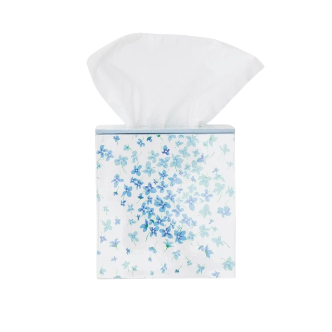 Laquered Tissue Box Cover in blue flower design 