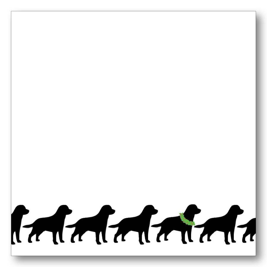 Note block featuring line of black labs with wreath around neck 