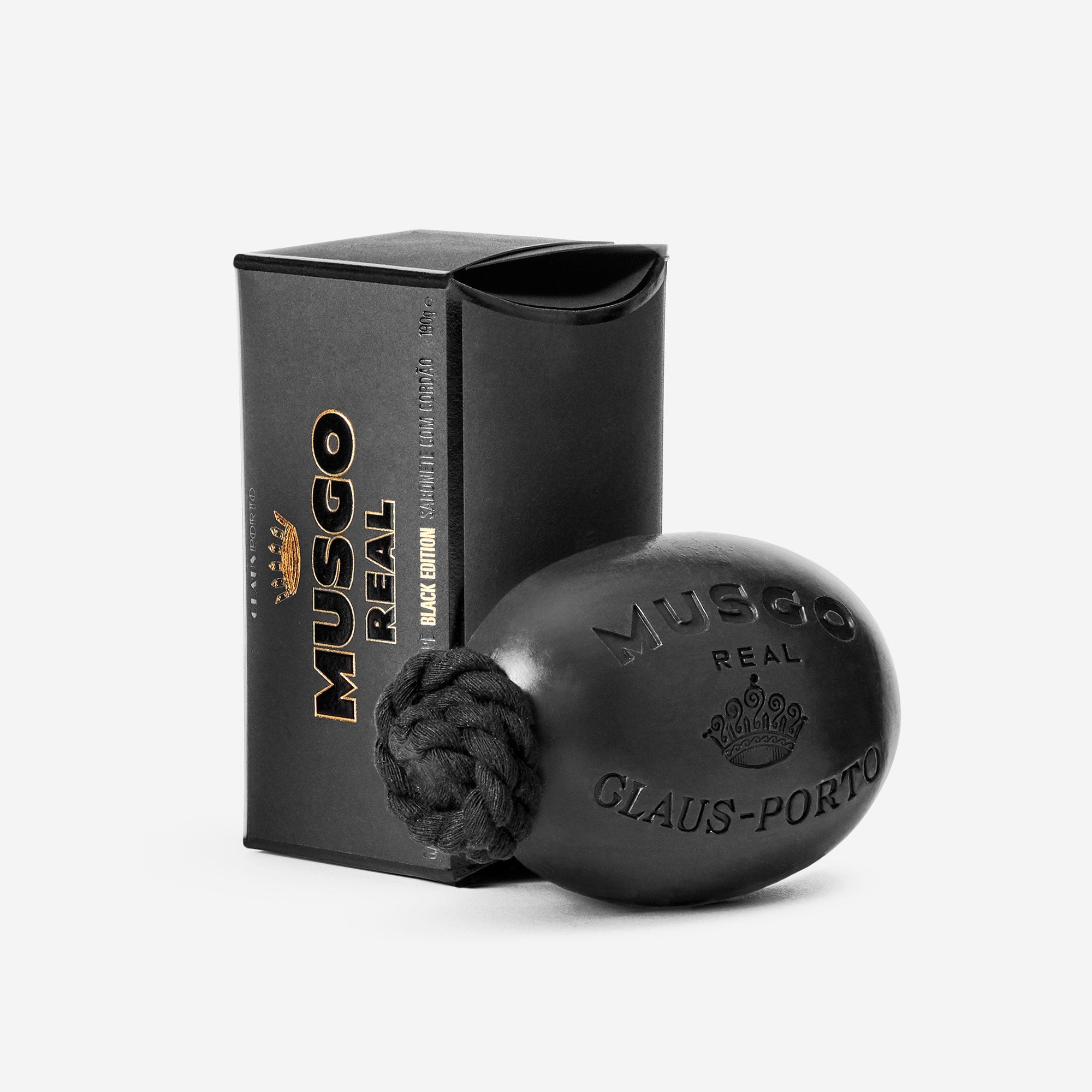 Black Edition soap on a rope in black package on white background