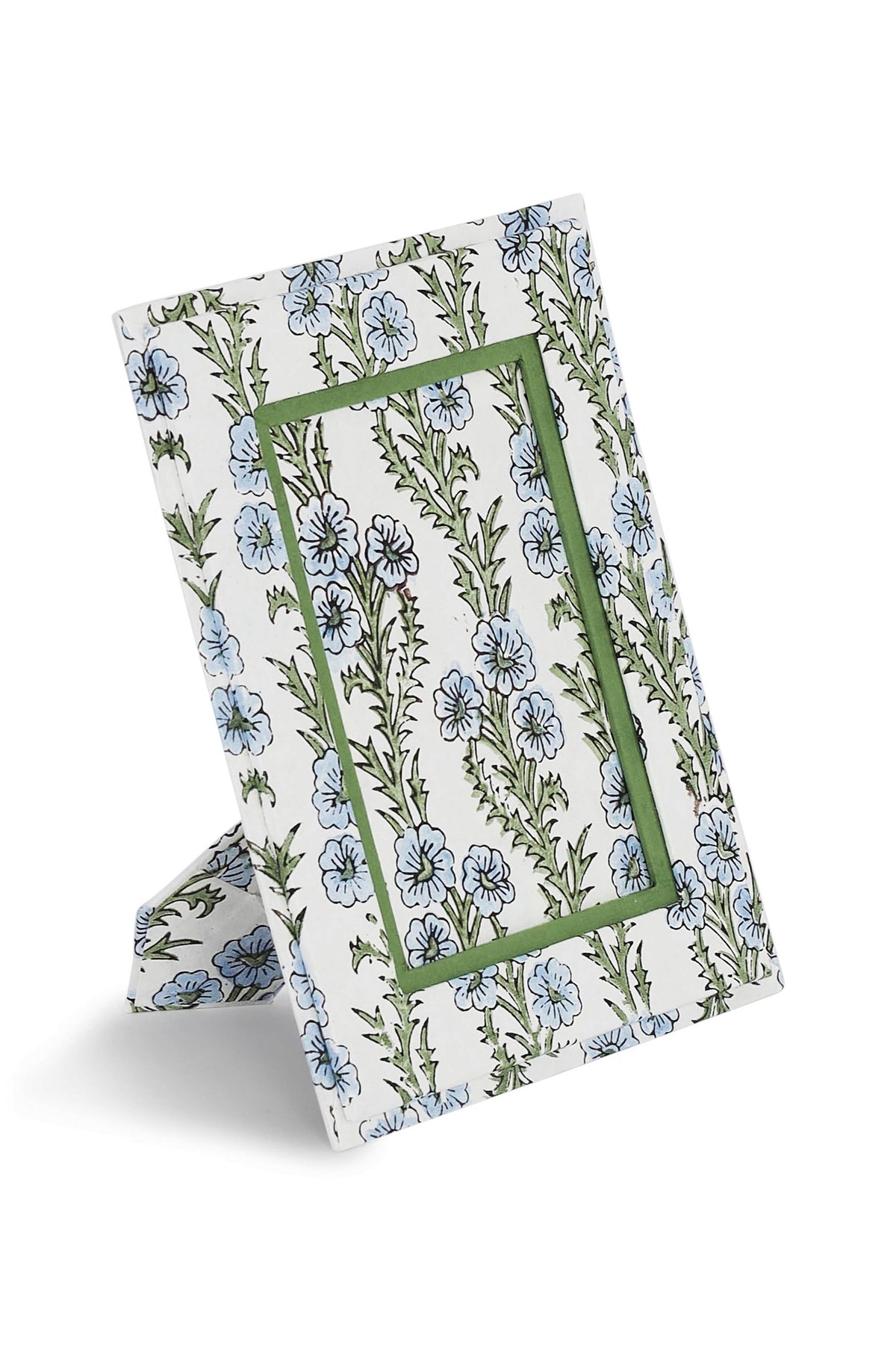 Forget me not block print picture frame with green trim fits 4x6 picture on white background 