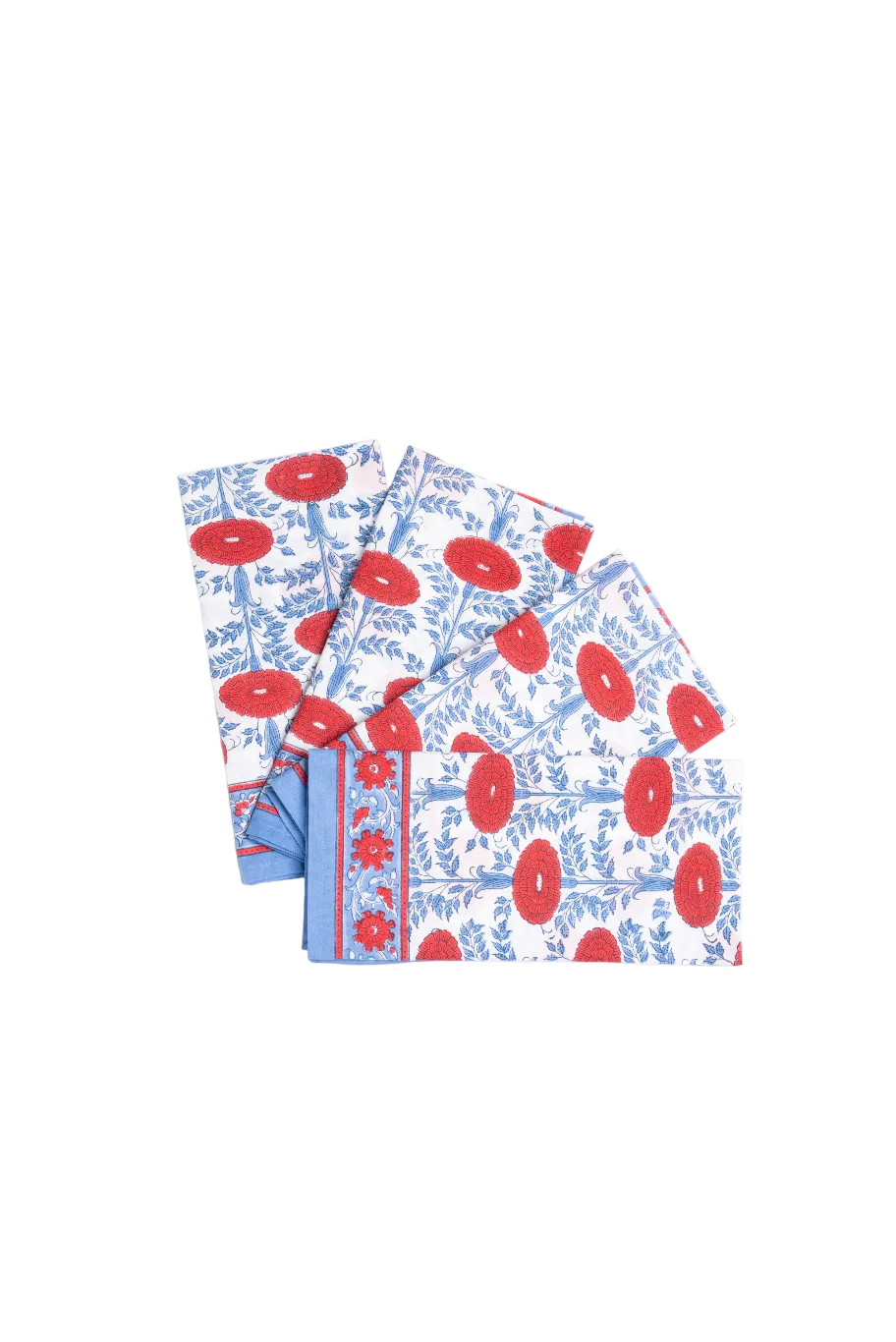 Two folded fabric napkins with red poppies and blue detail on white background 