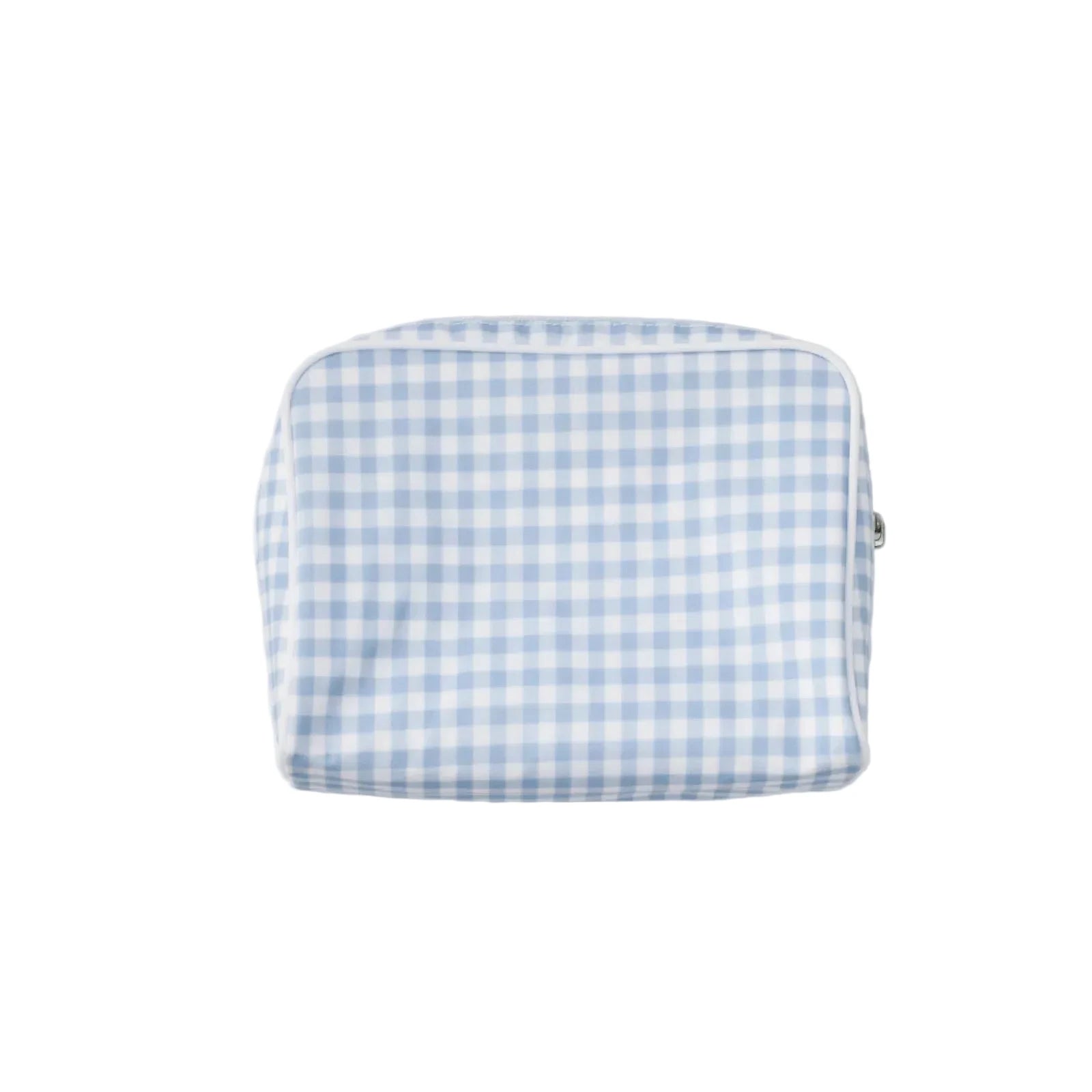 Medium blue gingham toiletry bag with zipper on white background