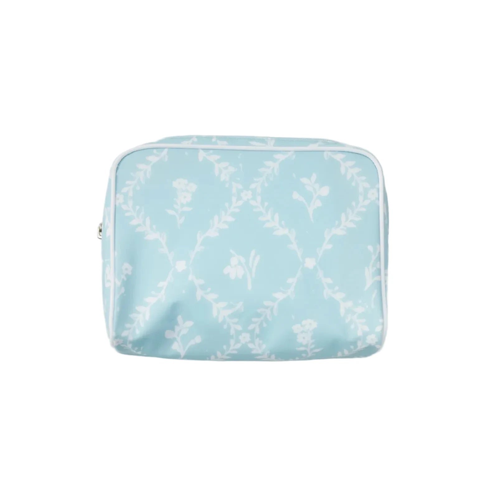 Medium size toiletry bag in blue trellis with zipper on white background 