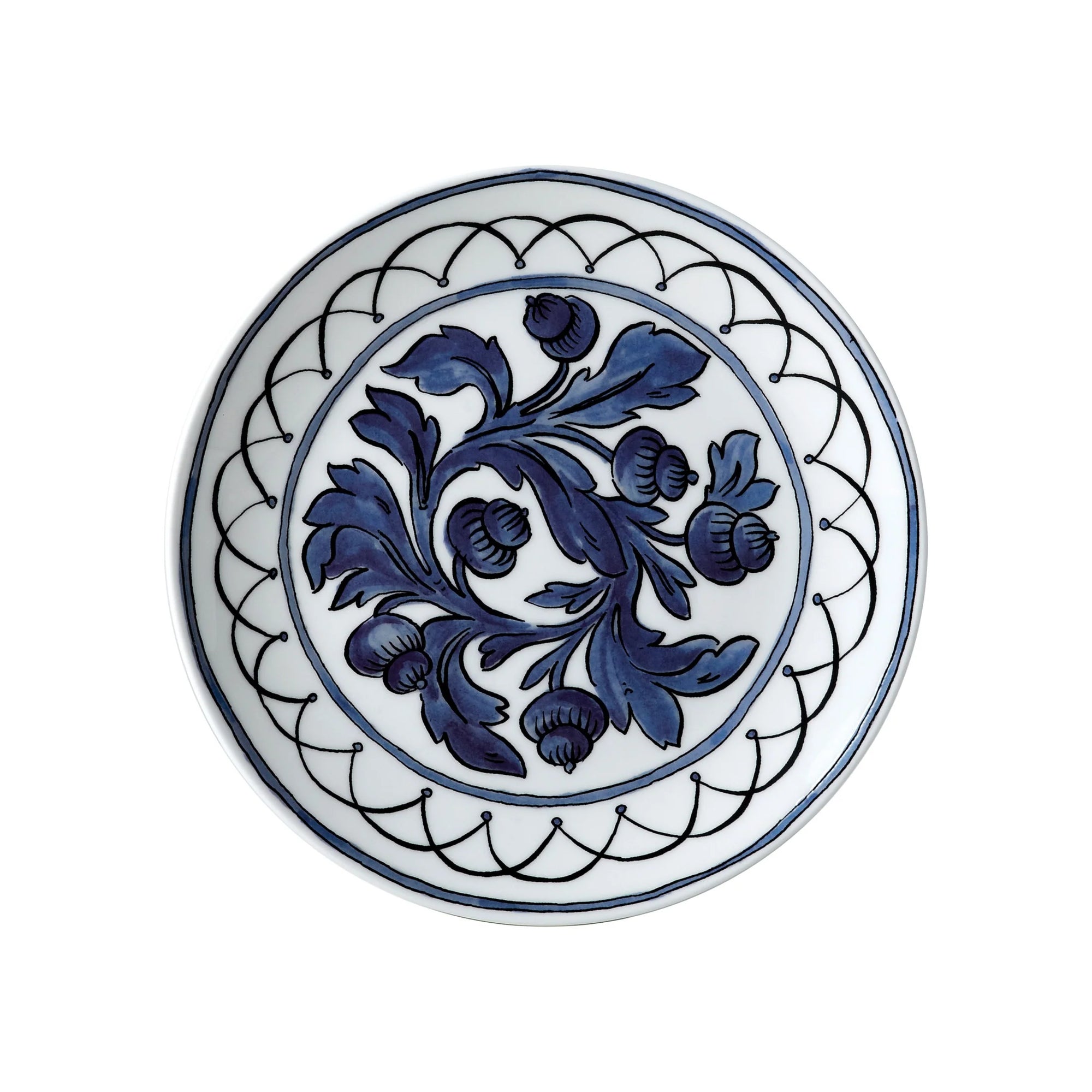 salad plate with blue center design and blue trim on white background