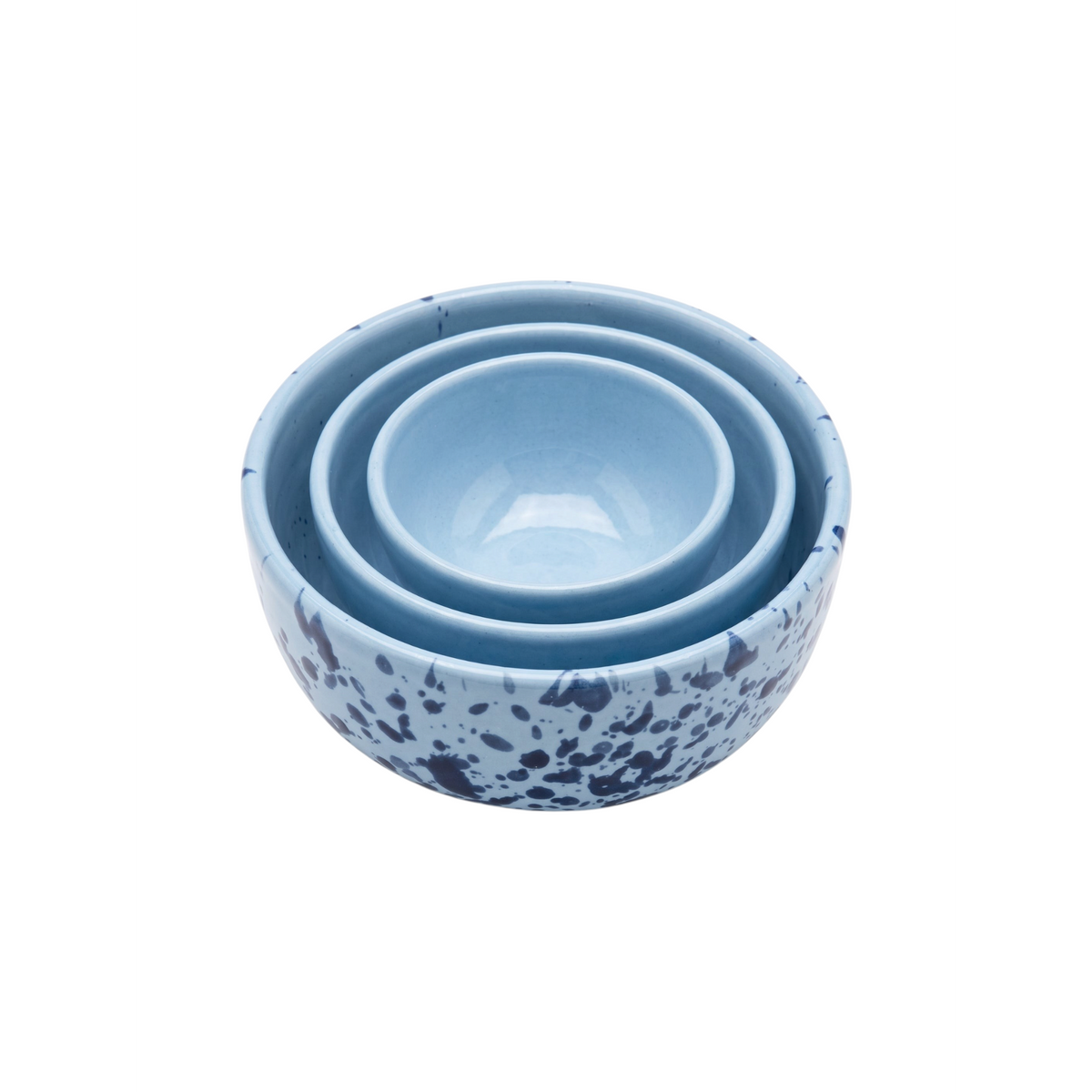 Homeport set of three blue ceramic aperitivo bowls with a unique artisanal splatter glaze finish.