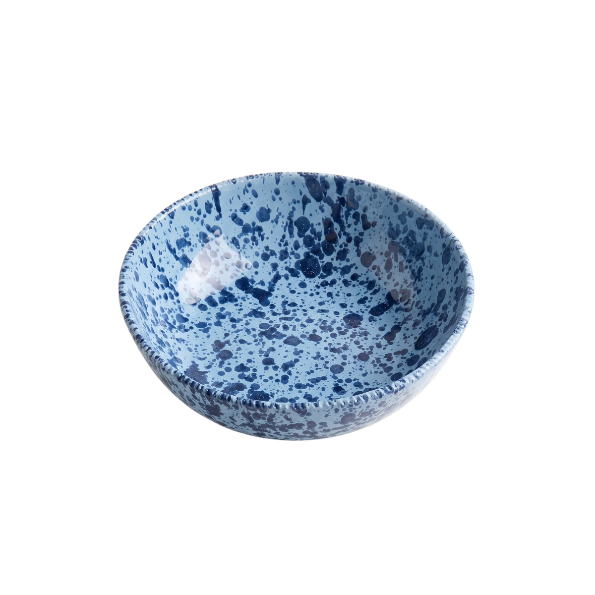 Homeport Italian handmade ceramic serving bowl in blue with a dark blue splatter pattern and a textured rim.