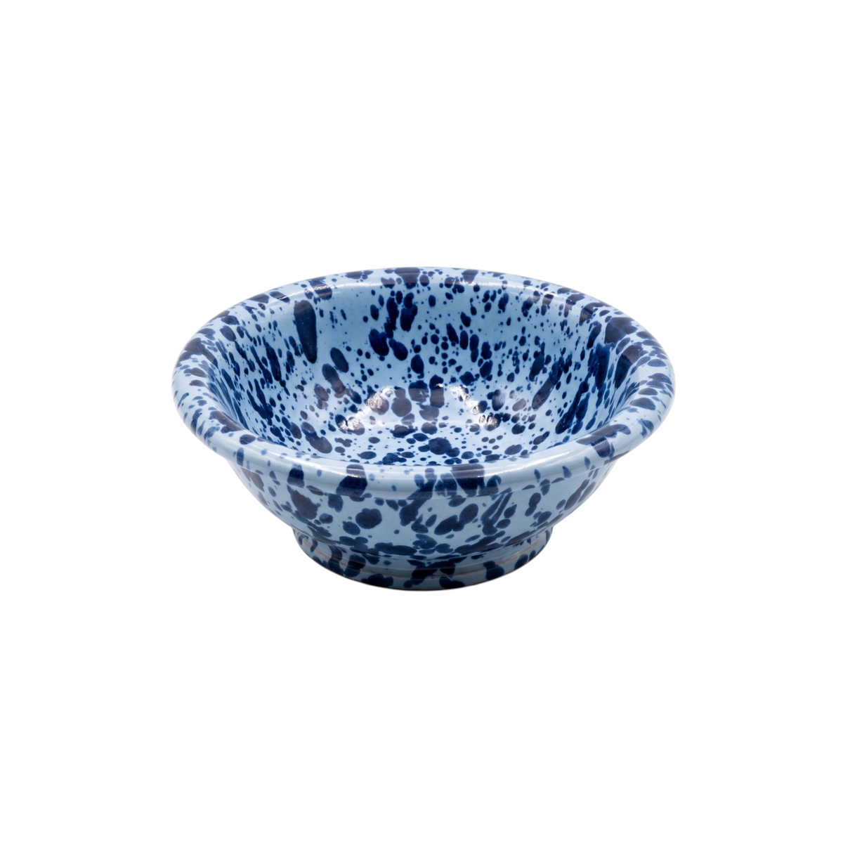 A ceramic bowl with a light blue base and dark blue speckled glaze, shown on a clean white background.