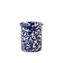 Blue and white speckled ceramic cup on a white background