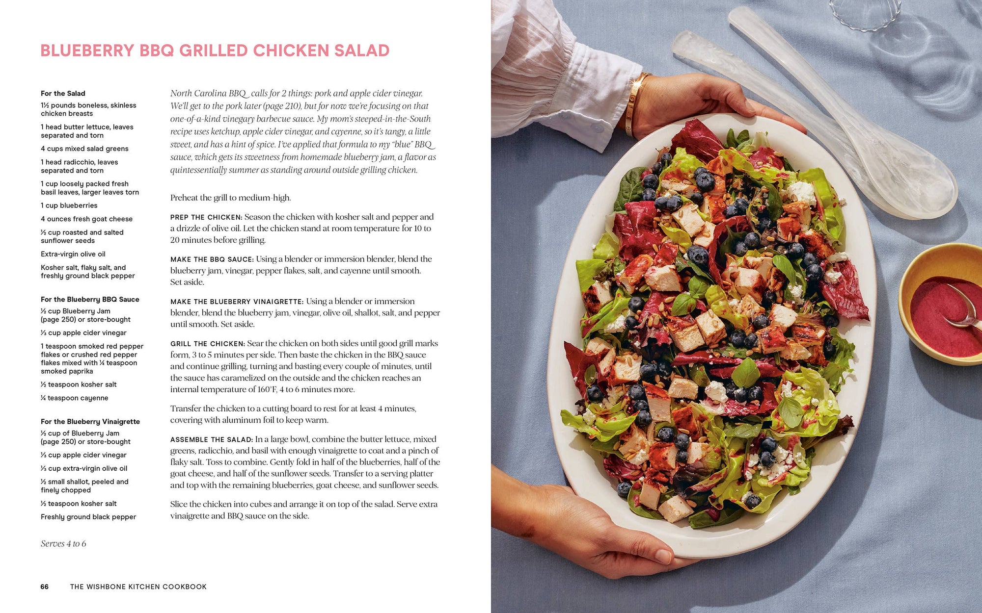 Recipe from Wishbone Kitchen Blueberry BBQ Grilled Chicken salad with picture of dish. 