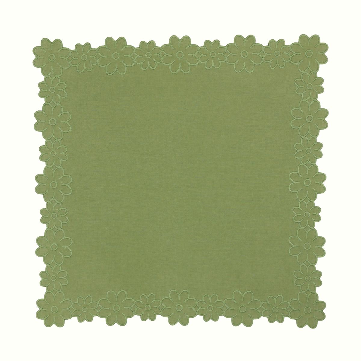 Green linen square dinner napkin with flower border on white background 