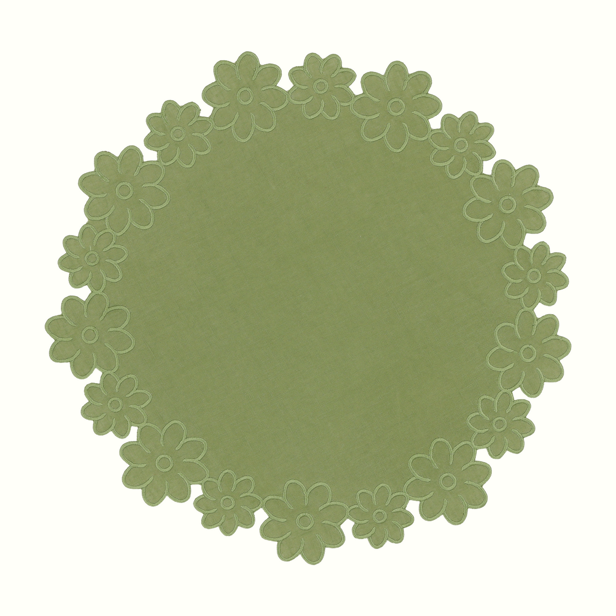 Green linen with border of flowers round placemat on white background 
