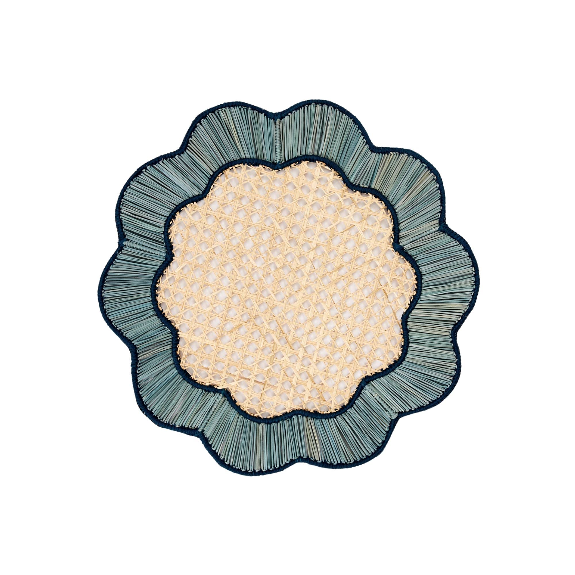 Round wavy placemat of natural fibers with sky blue edge on white background 