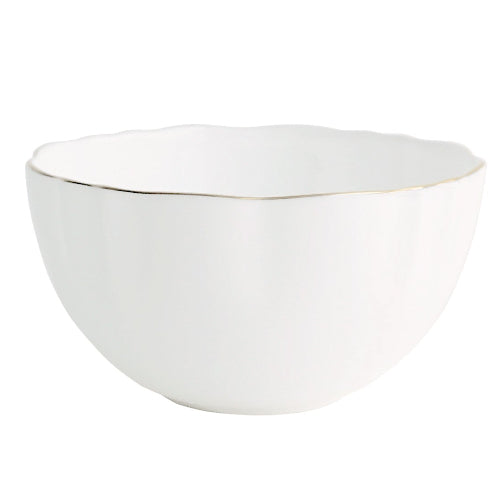 Two white ceramic bowls with gold rims on a white background